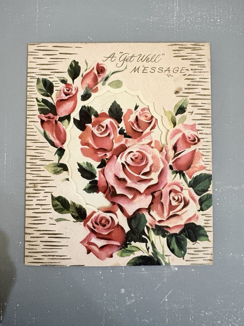 Vintage Hallmark Get Well Greeting Card Die Cut Roses Mid Century NOS